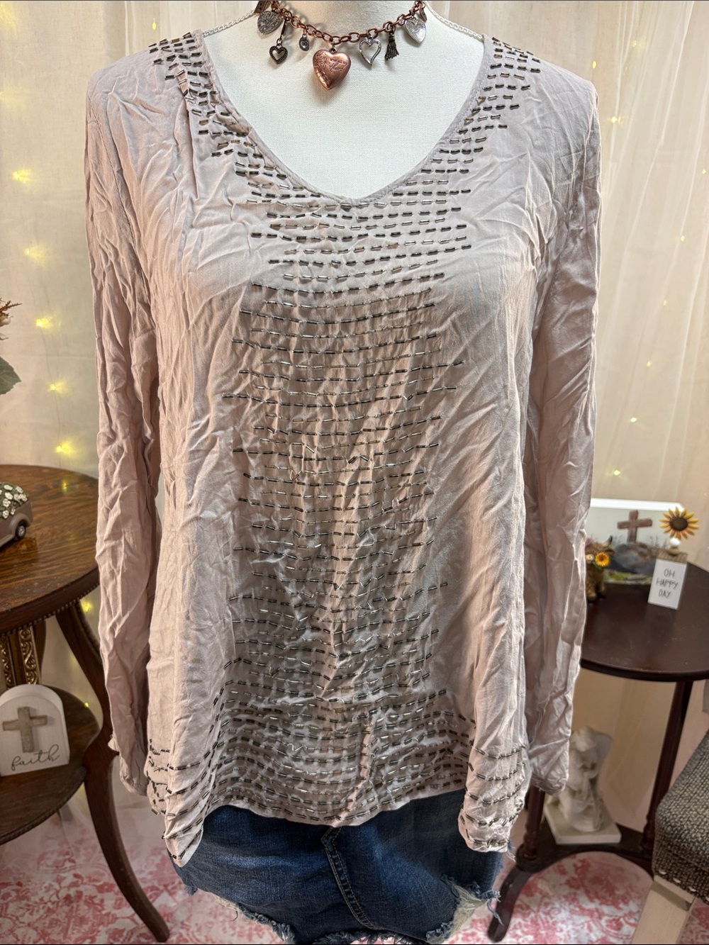 Women’s Light Taupe Long-Sleeve Embellished V-Neck Top